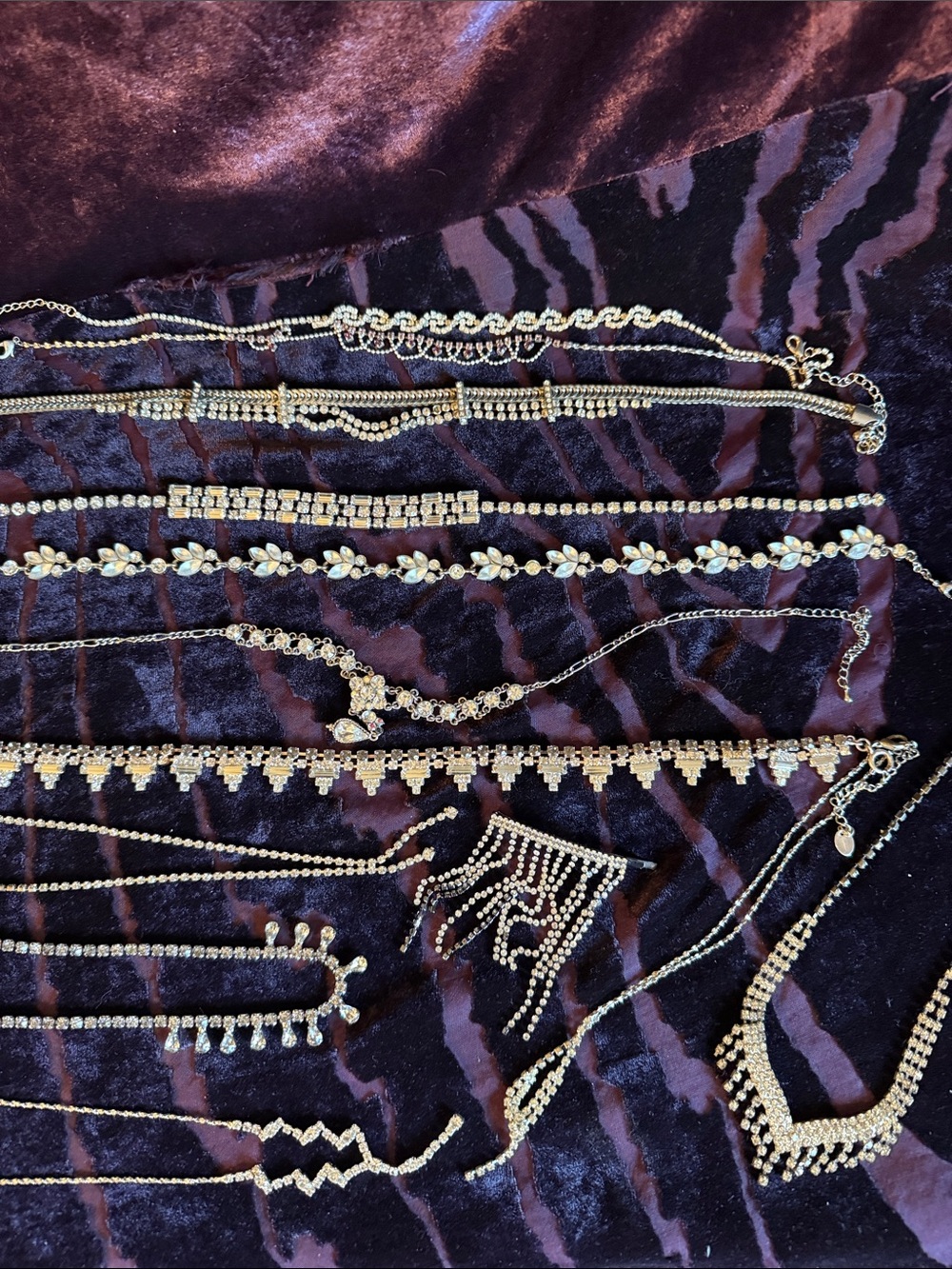 Rhinestone necklace lot of 12 plus hair clip